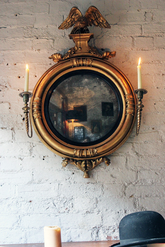 A Good Regency Giltwood & Gesso Girandole Convex Mirror Surmounted by an Eagle c.1815