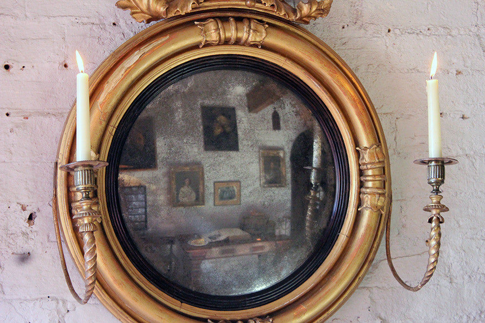 A Good Regency Giltwood & Gesso Girandole Convex Mirror Surmounted by an Eagle c.1815
