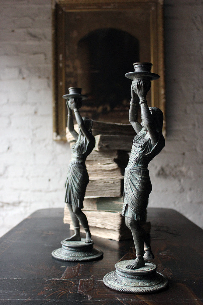 A Good Pair of c.1900 Bronzed Spelter Egyptian Revival Figural Candlesticks