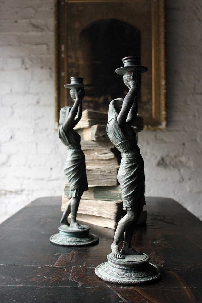 A Good Pair of c.1900 Bronzed Spelter Egyptian Revival Figural Candlesticks