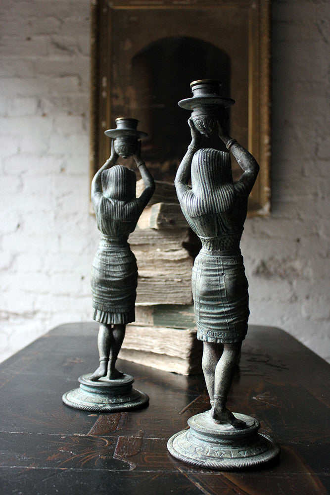 A Good Pair of c.1900 Bronzed Spelter Egyptian Revival Figural Candlesticks