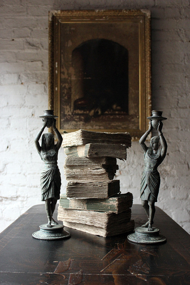 A Good Pair of c.1900 Bronzed Spelter Egyptian Revival Figural Candlesticks