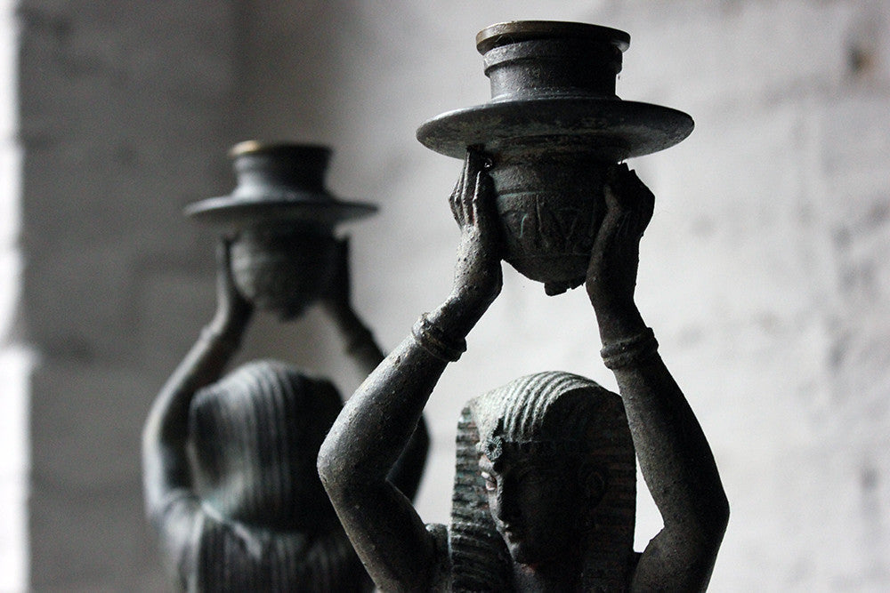 A Good Pair of c.1900 Bronzed Spelter Egyptian Revival Figural Candlesticks