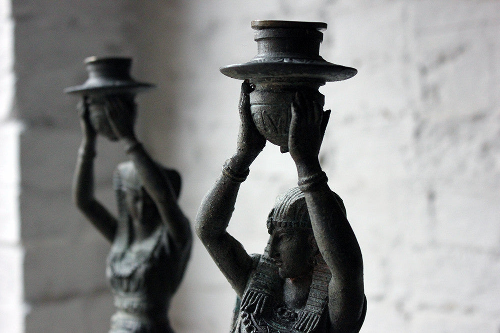 A Good Pair of c.1900 Bronzed Spelter Egyptian Revival Figural Candlesticks