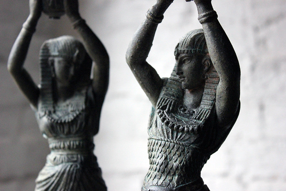 A Good Pair of c.1900 Bronzed Spelter Egyptian Revival Figural Candlesticks