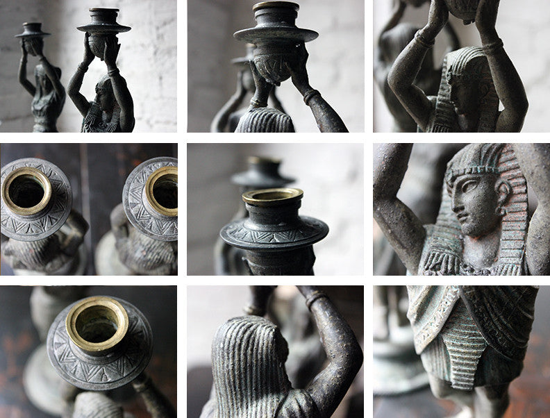 A Good Pair of c.1900 Bronzed Spelter Egyptian Revival Figural Candlesticks