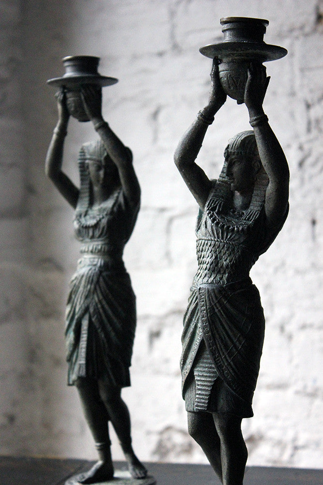 A Good Pair of c.1900 Bronzed Spelter Egyptian Revival Figural Candlesticks