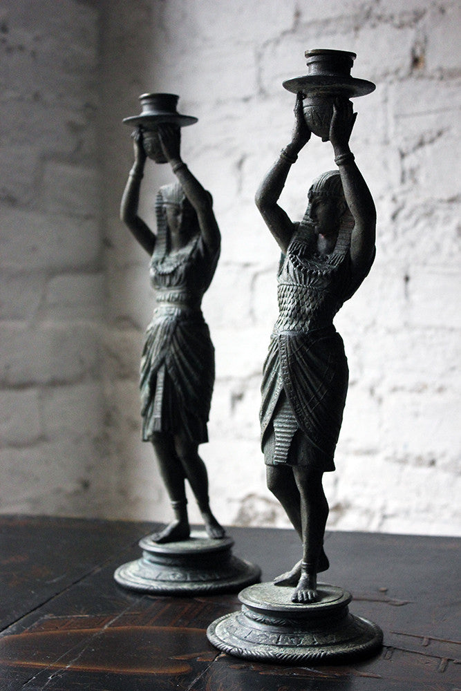 A Good Pair of c.1900 Bronzed Spelter Egyptian Revival Figural Candlesticks