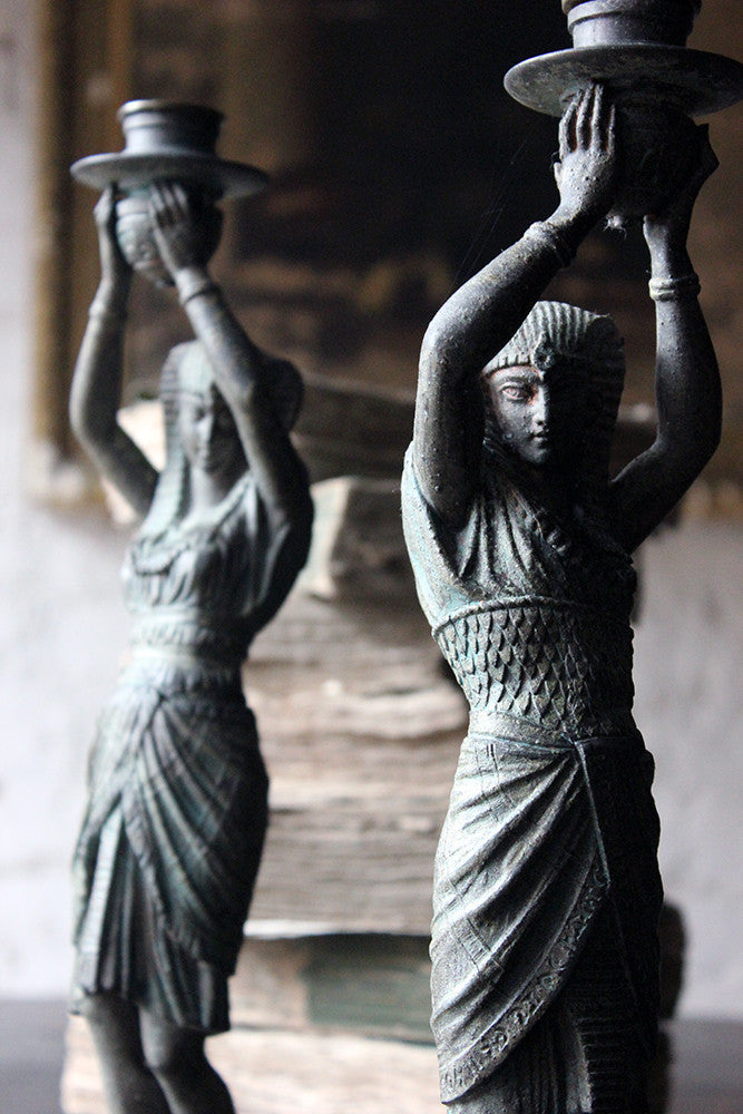 A Good Pair of c.1900 Bronzed Spelter Egyptian Revival Figural Candlesticks