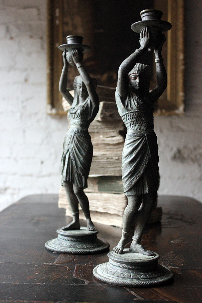 A Good Pair of c.1900 Bronzed Spelter Egyptian Revival Figural Candlesticks
