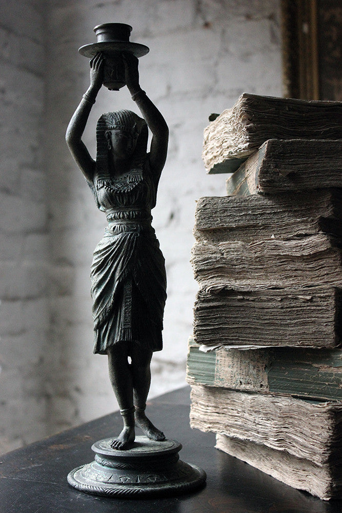 A Good Pair of c.1900 Bronzed Spelter Egyptian Revival Figural Candlesticks