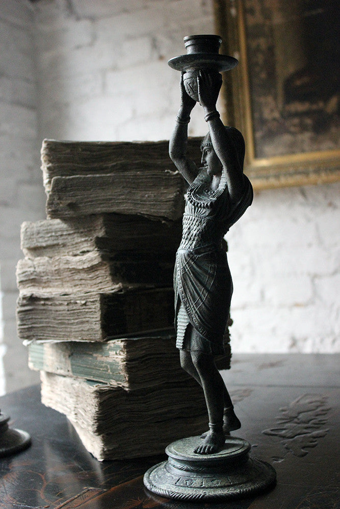 A Good Pair of c.1900 Bronzed Spelter Egyptian Revival Figural Candlesticks