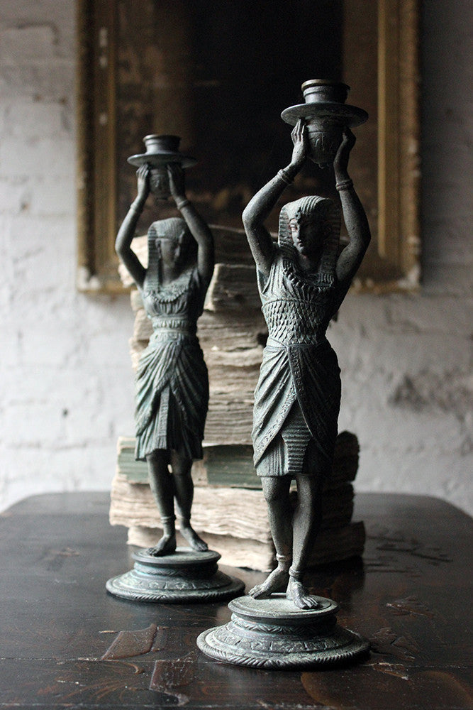 A Good Pair of c.1900 Bronzed Spelter Egyptian Revival Figural Candlesticks