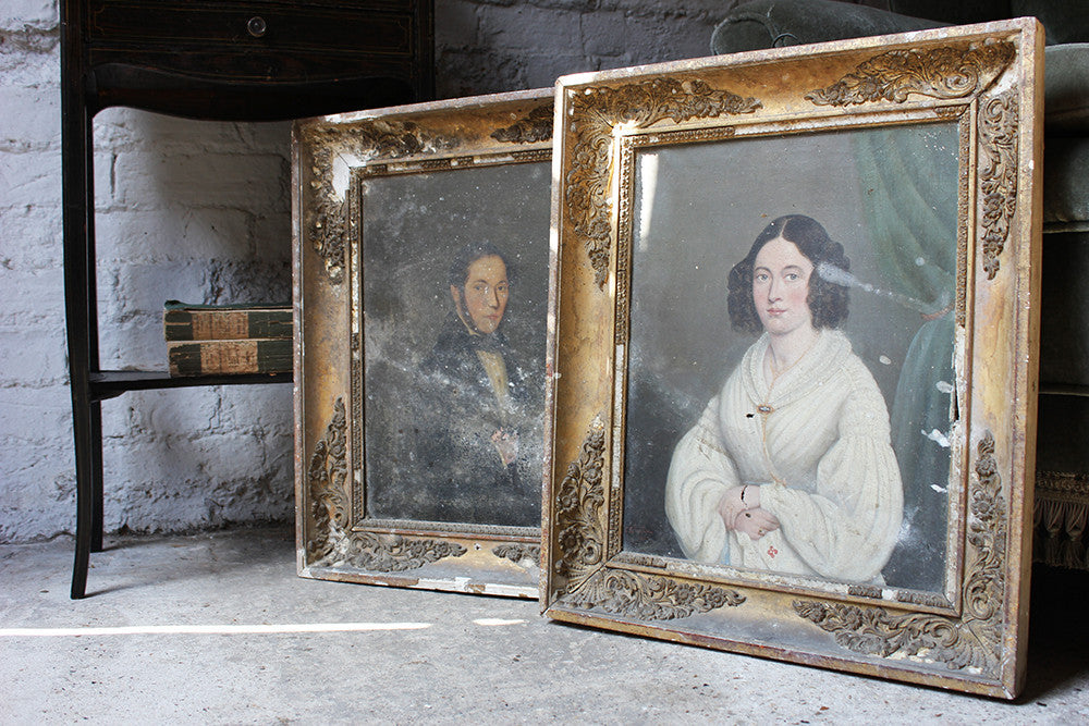 A Good Pair of c.1842 French School Provincial Oil on Canvas Portraits of a Gentleman & His Wife