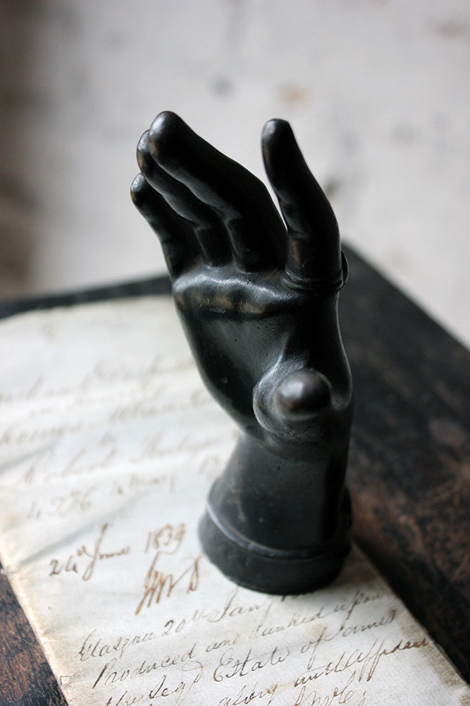 A Good Quality Victorian Dark Patinated Cast Iron Paperweight in the Form of a Ladies Hand c.1870-80