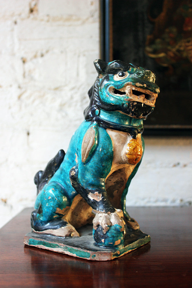 A Decorative Pair of Early 19thC Chinese Turquoise Glaze Dogs of Fo