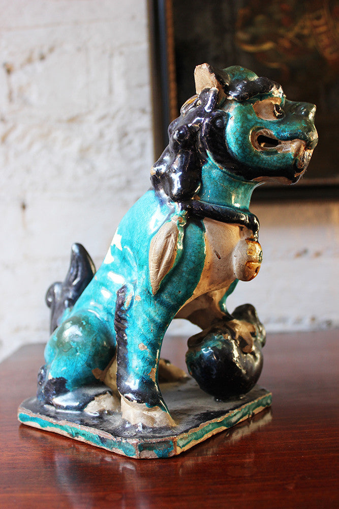 A Decorative Pair of Early 19thC Chinese Turquoise Glaze Dogs of Fo