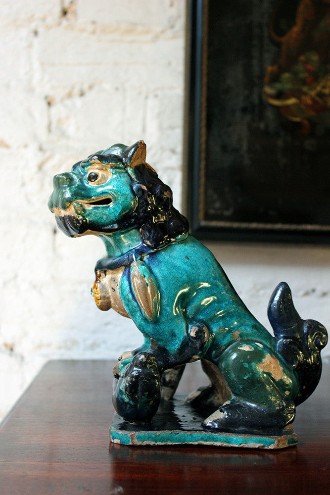 A Decorative Pair of Early 19thC Chinese Turquoise Glaze Dogs of Fo