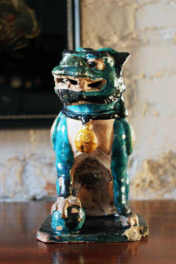A Decorative Pair of Early 19thC Chinese Turquoise Glaze Dogs of Fo