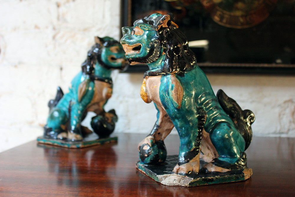 A Decorative Pair of Early 19thC Chinese Turquoise Glaze Dogs of Fo