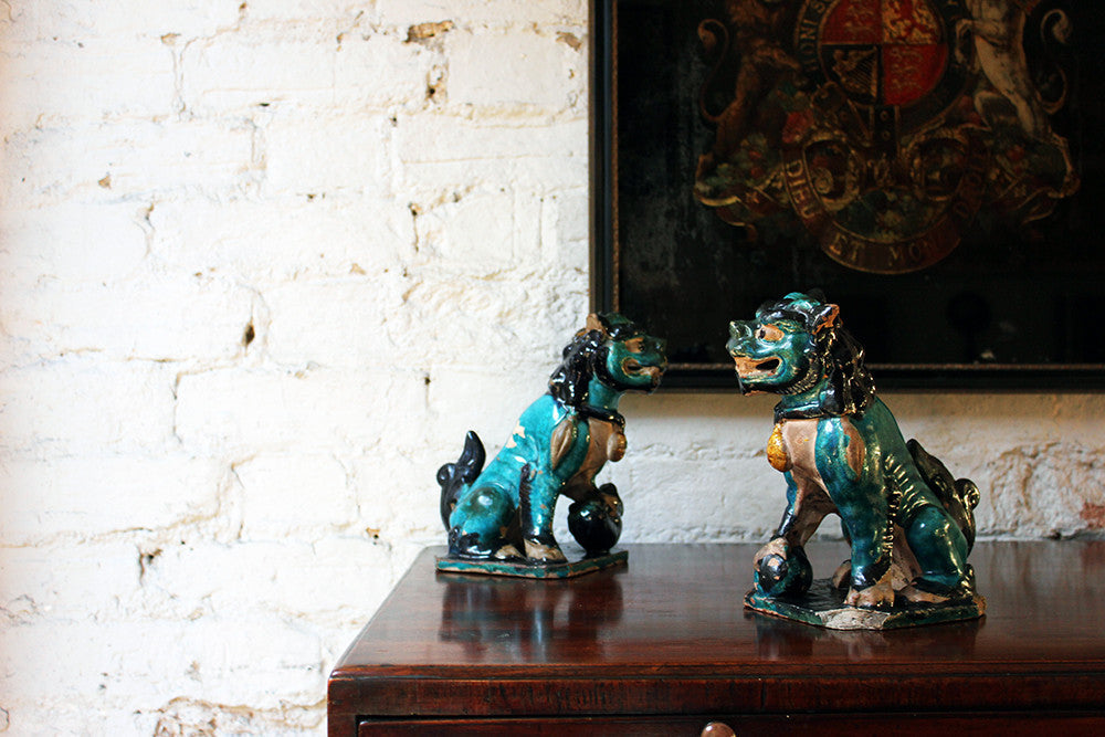 A Decorative Pair of Early 19thC Chinese Turquoise Glaze Dogs of Fo
