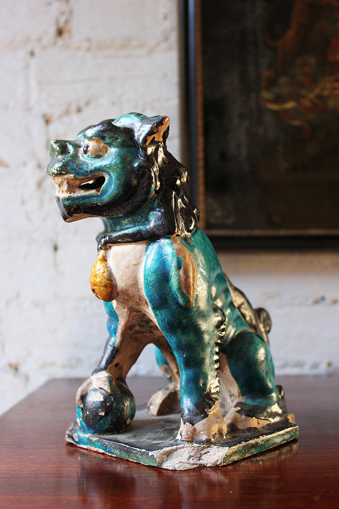 A Decorative Pair of Early 19thC Chinese Turquoise Glaze Dogs of Fo