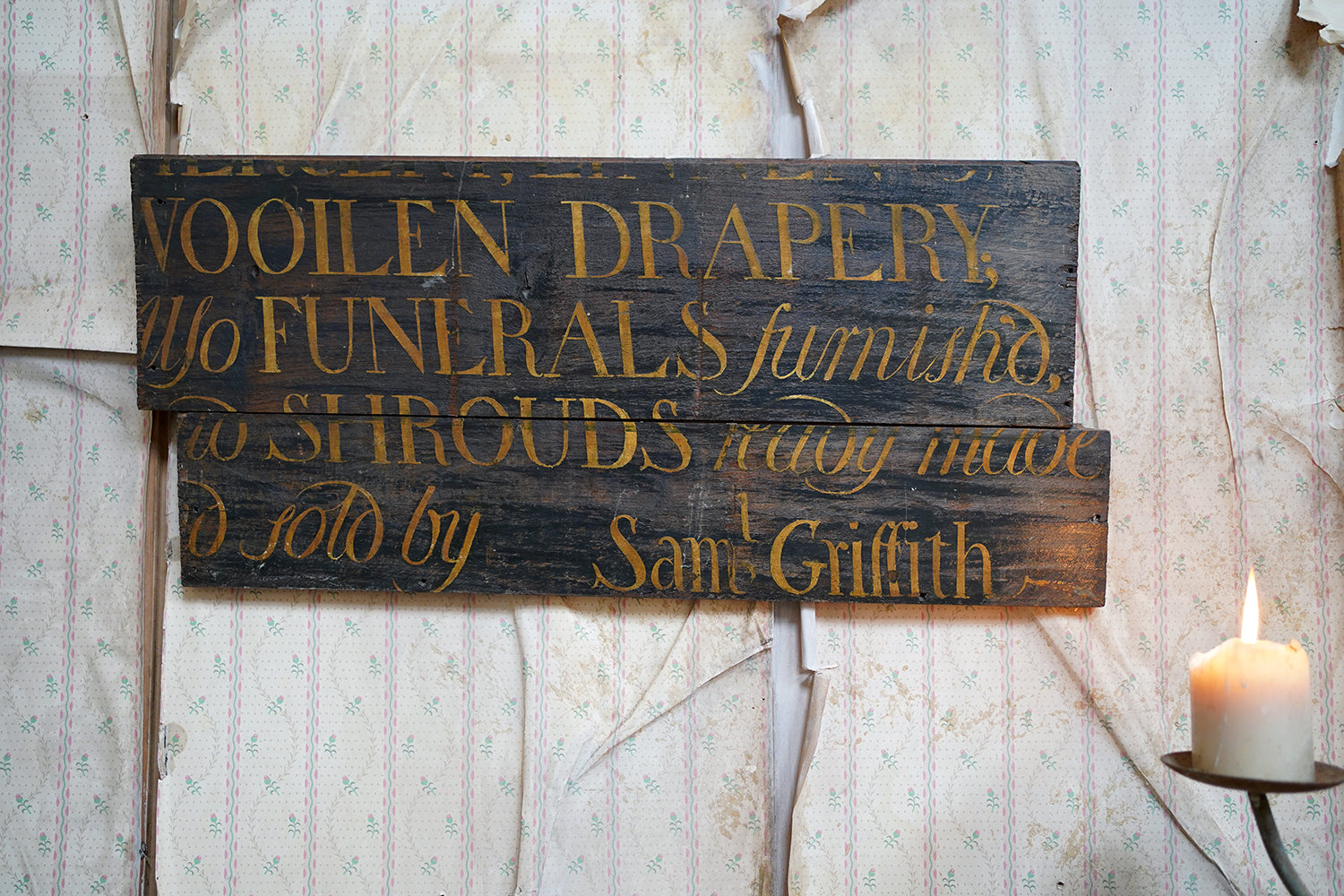 A Fragmentary Early-Victorian Painted Pine Drapers & Undertakers Sign c.1850-60