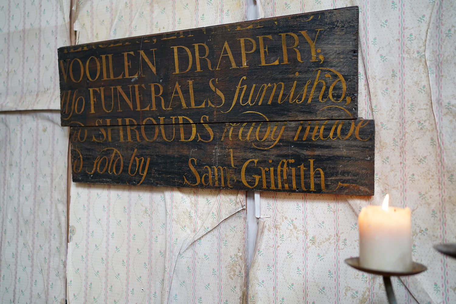 A Fragmentary Early-Victorian Painted Pine Drapers & Undertakers Sign c.1850-60
