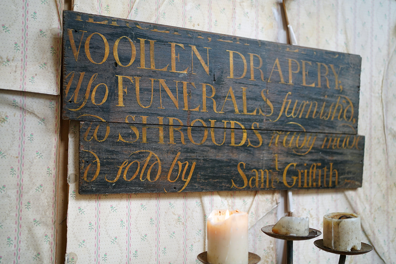 A Fragmentary Early-Victorian Painted Pine Drapers & Undertakers Sign c.1850-60