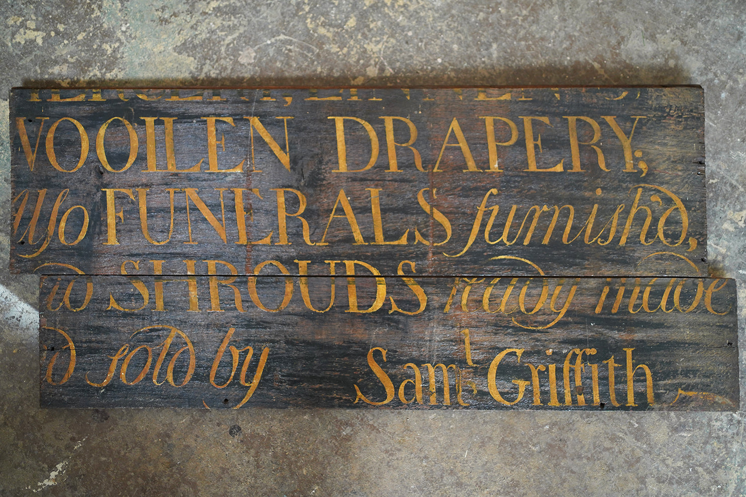A Fragmentary Early-Victorian Painted Pine Drapers & Undertakers Sign c.1850-60