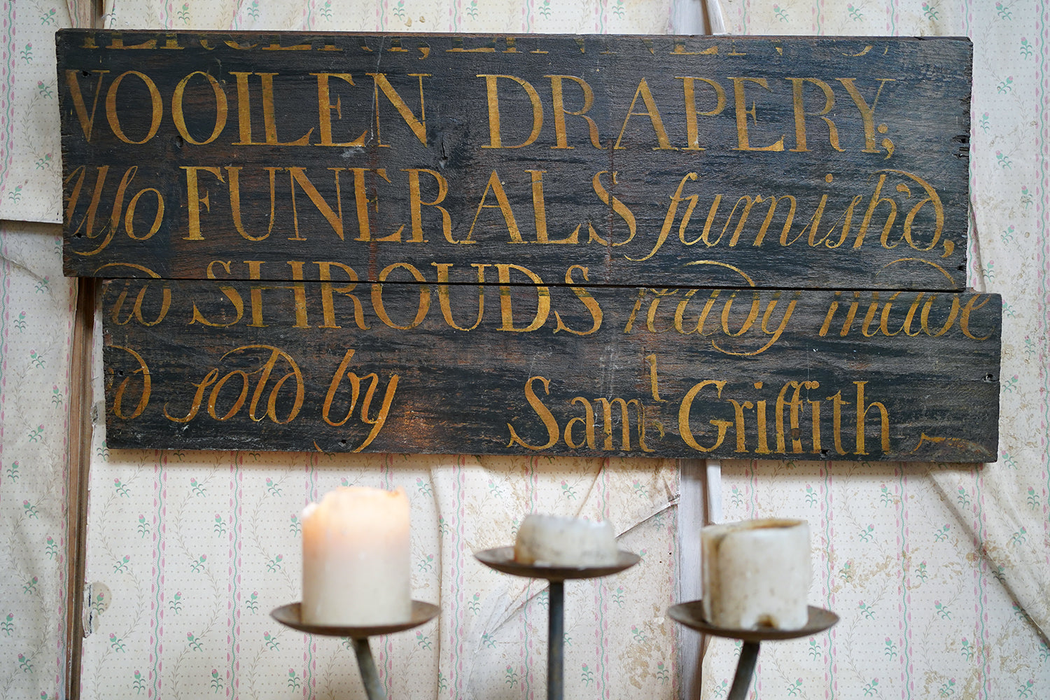 A Fragmentary Early-Victorian Painted Pine Drapers & Undertakers Sign c.1850-60