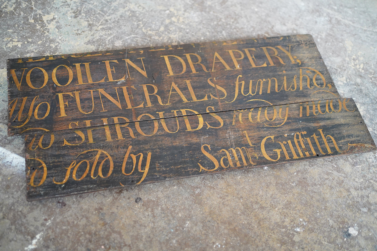 A Fragmentary Early-Victorian Painted Pine Drapers & Undertakers Sign c.1850-60