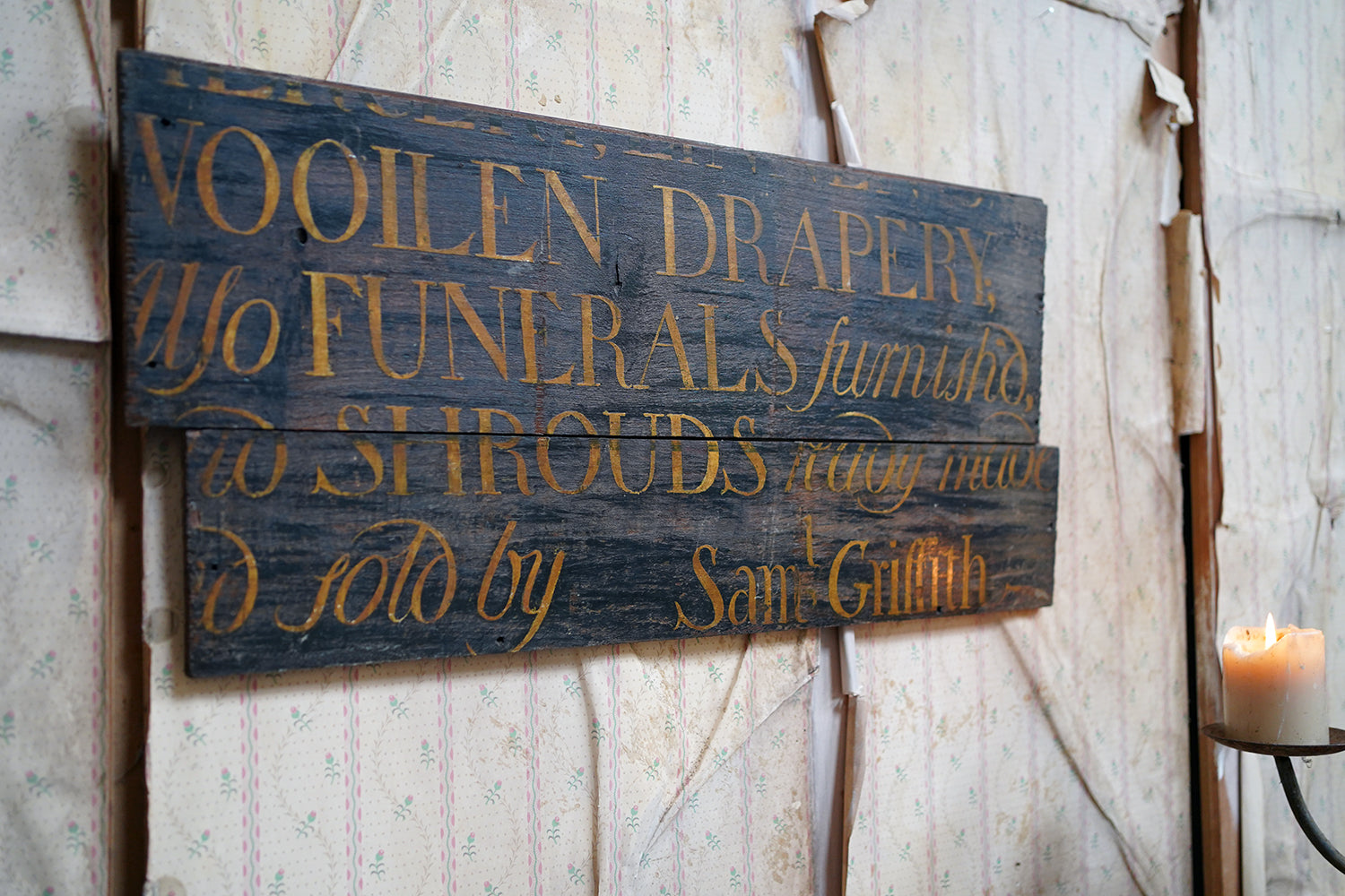 A Fragmentary Early-Victorian Painted Pine Drapers & Undertakers Sign c.1850-60