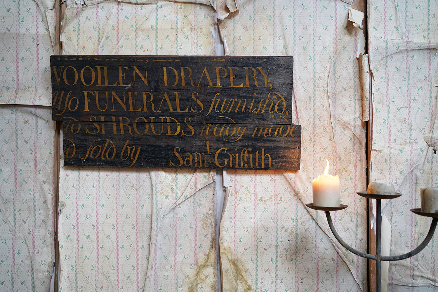 A Fragmentary Early-Victorian Painted Pine Drapers & Undertakers Sign c.1850-60