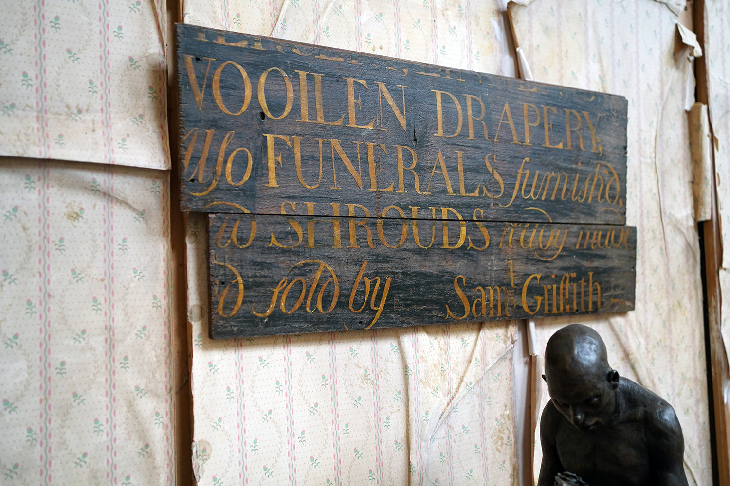 A Fragmentary Early-Victorian Painted Pine Drapers & Undertakers Sign c.1850-60