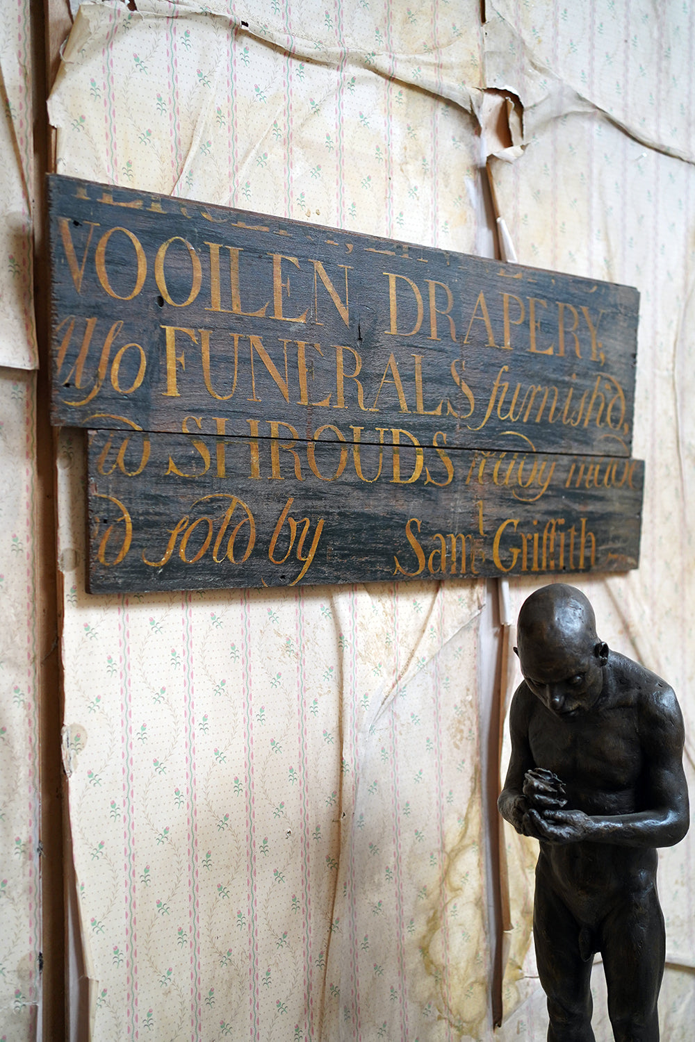 A Fragmentary Early-Victorian Painted Pine Drapers & Undertakers Sign c.1850-60