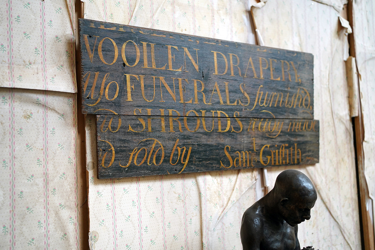 A Fragmentary Early-Victorian Painted Pine Drapers & Undertakers Sign c.1850-60