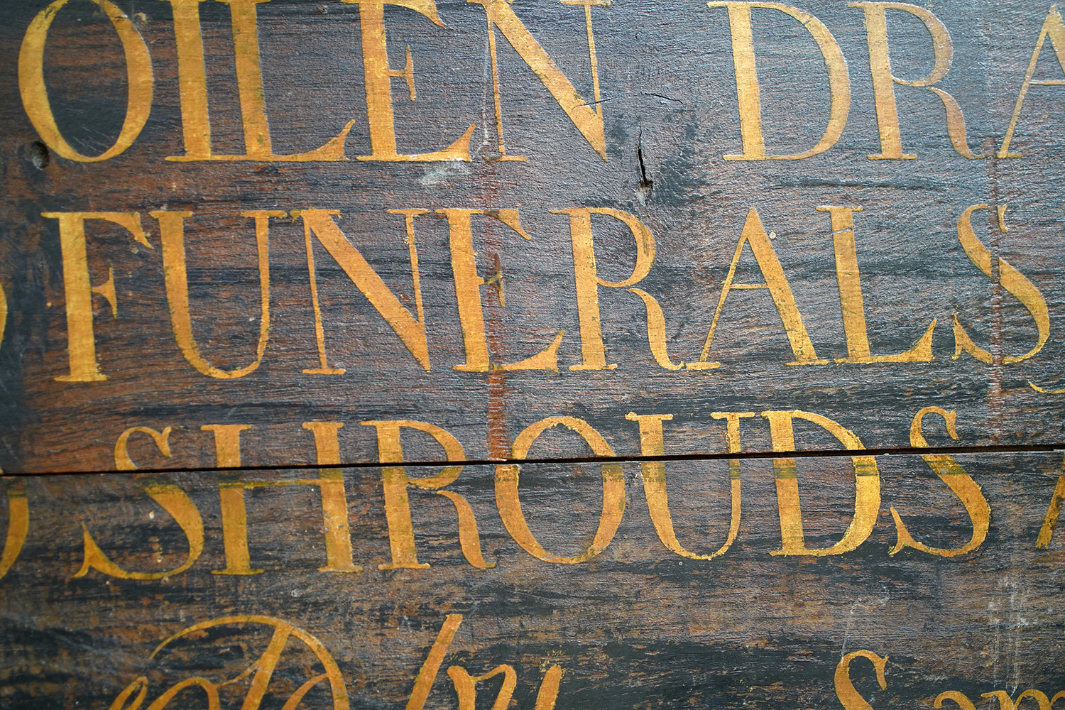 A Fragmentary Early-Victorian Painted Pine Drapers & Undertakers Sign c.1850-60