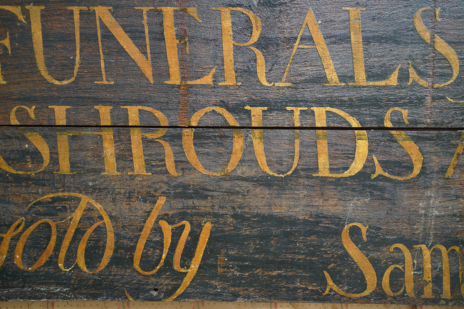 A Fragmentary Early-Victorian Painted Pine Drapers & Undertakers Sign c.1850-60