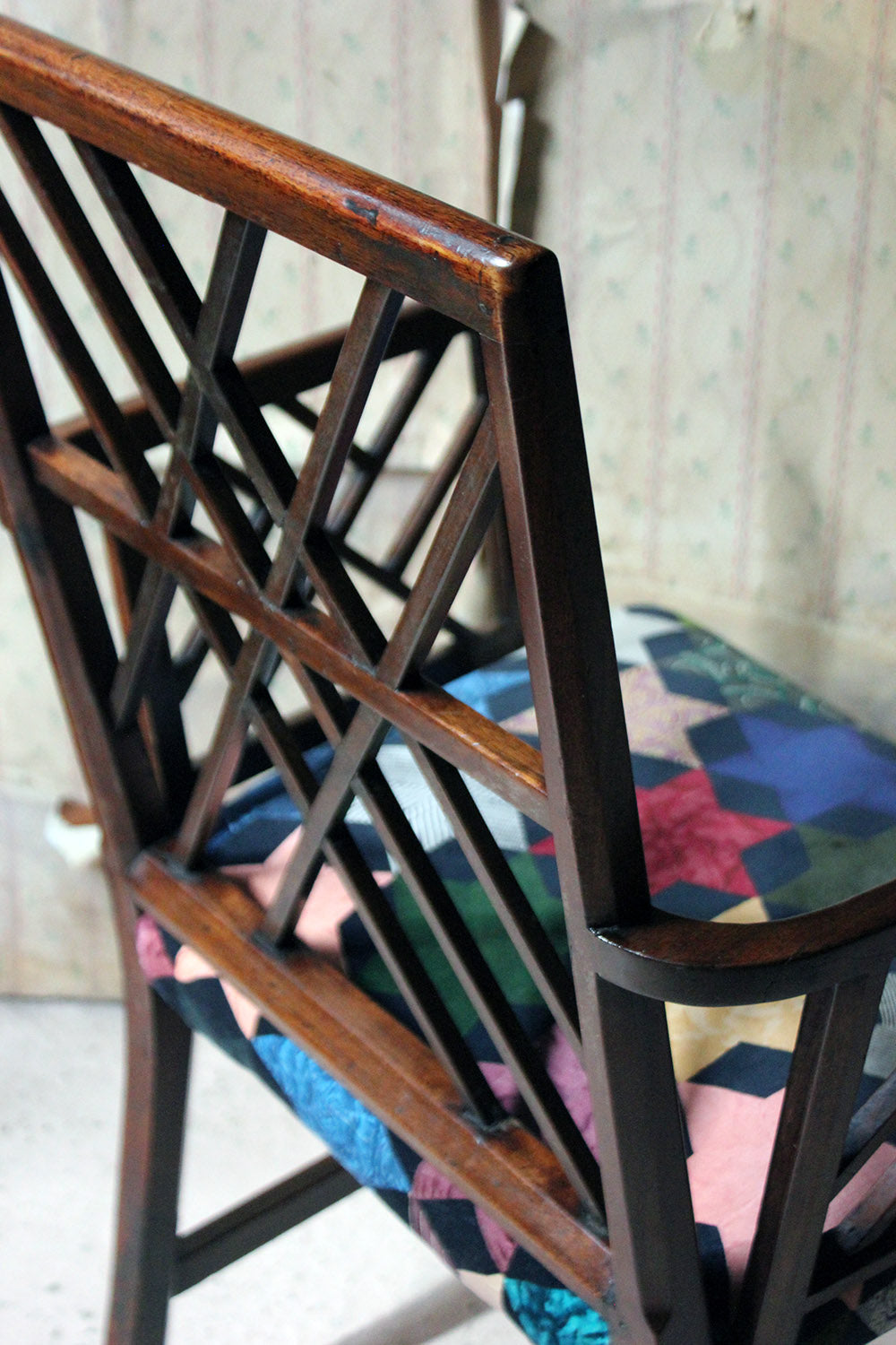 A George III Chinese Chippendale Mahogany & Velvet Upholstered Cockpen Armchair c.1770