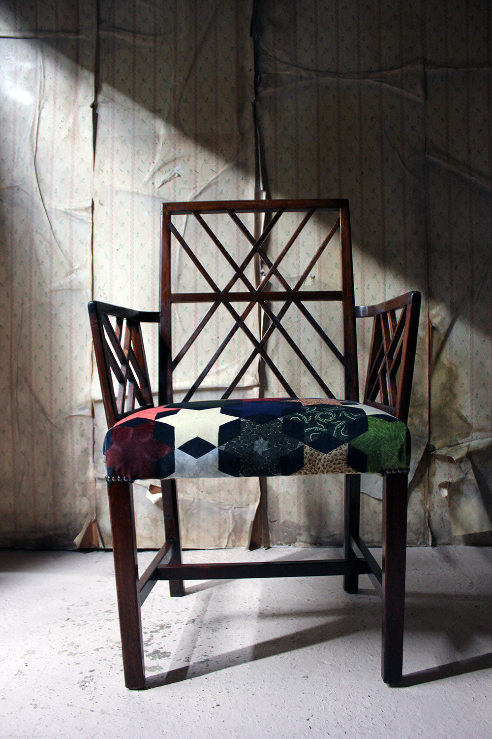 A George III Chinese Chippendale Mahogany & Velvet Upholstered Cockpen Armchair c.1770