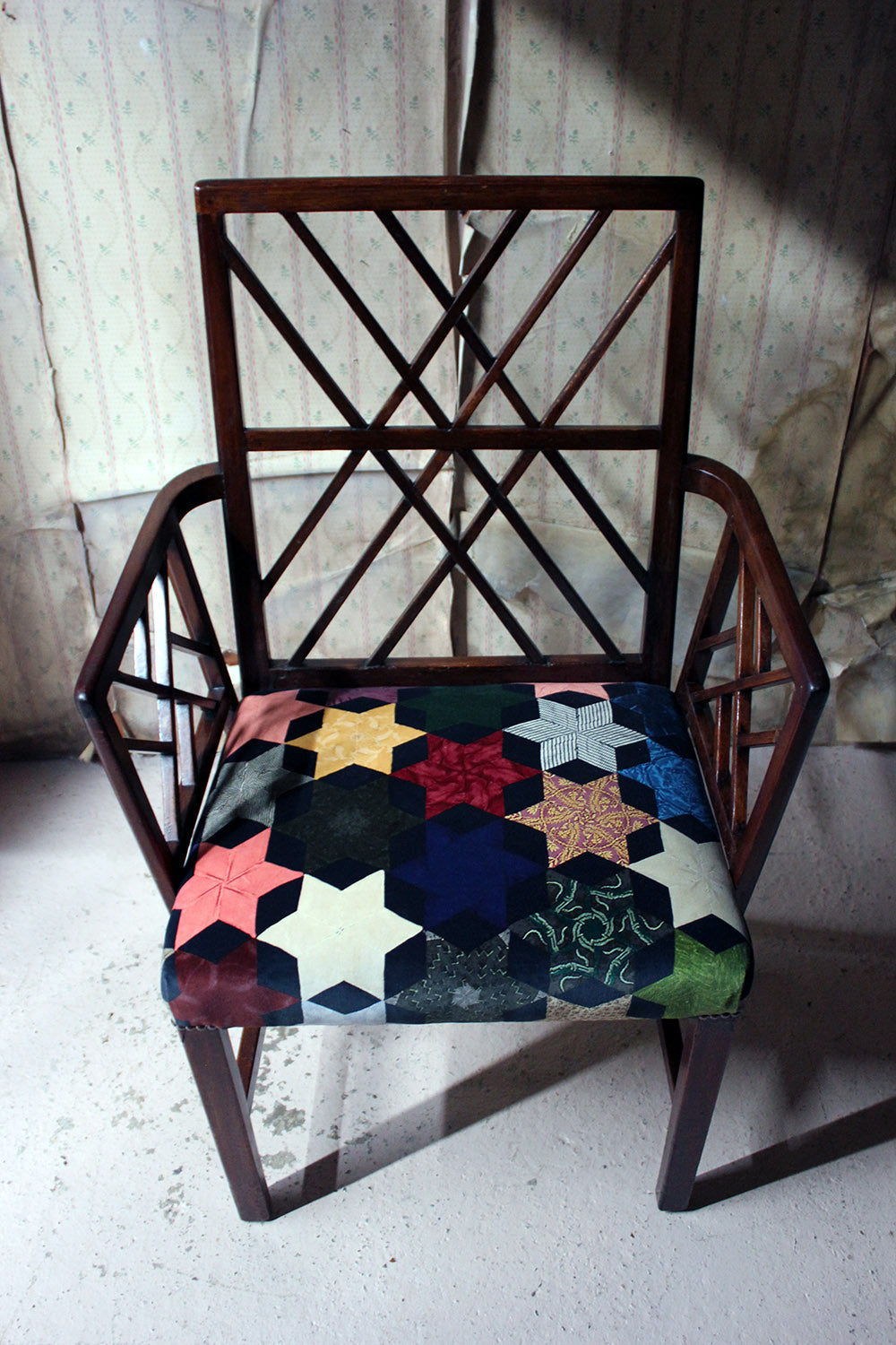 A George III Chinese Chippendale Mahogany & Velvet Upholstered Cockpen Armchair c.1770