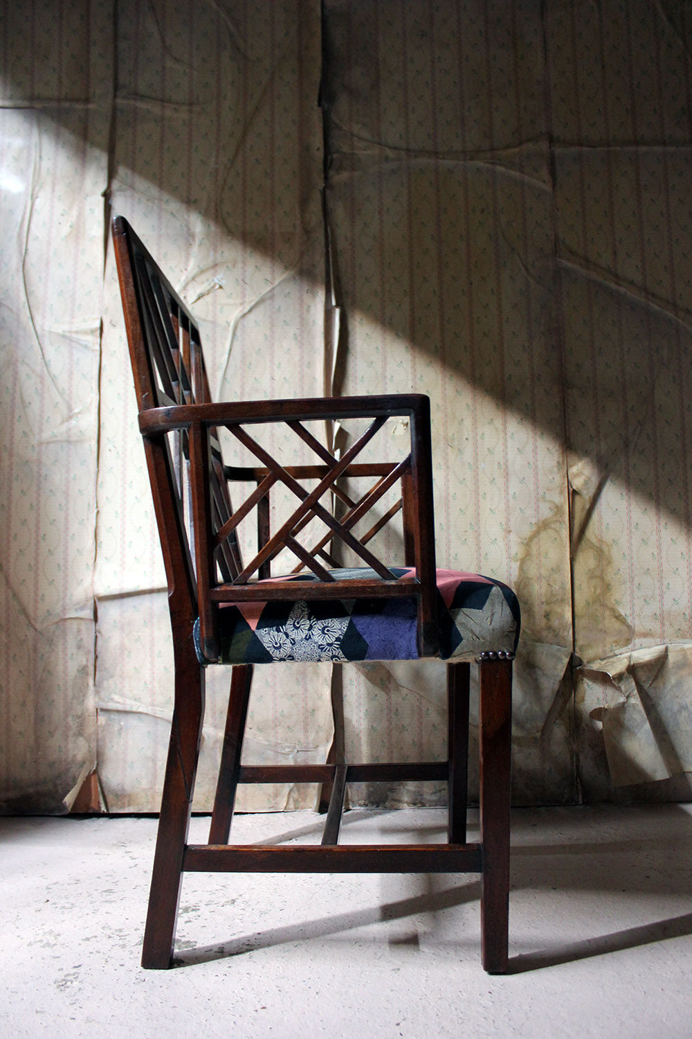 A George III Chinese Chippendale Mahogany & Velvet Upholstered Cockpen Armchair c.1770