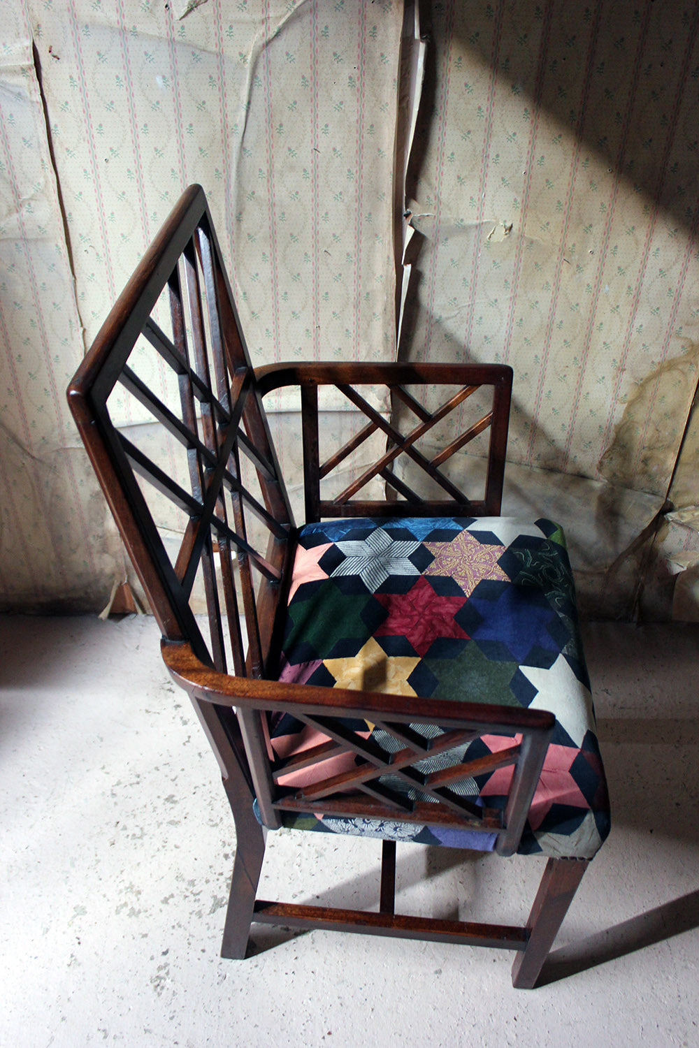 A George III Chinese Chippendale Mahogany & Velvet Upholstered Cockpen Armchair c.1770