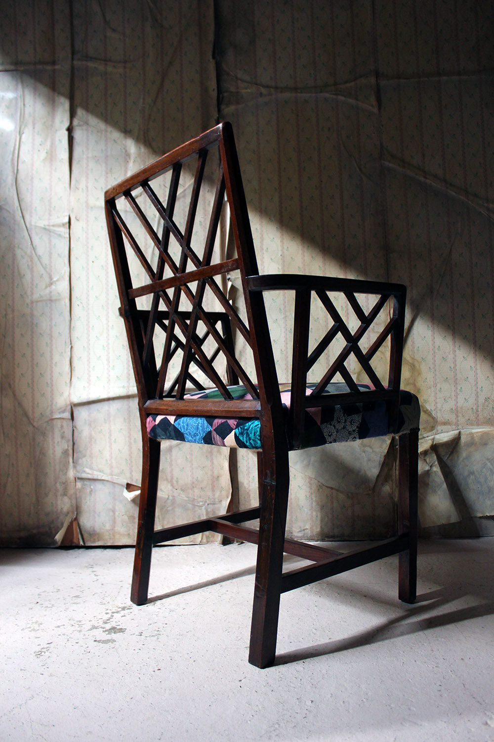 A George III Chinese Chippendale Mahogany & Velvet Upholstered Cockpen Armchair c.1770