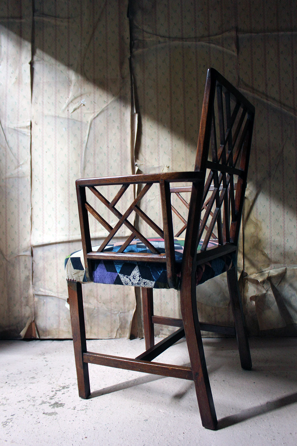 A George III Chinese Chippendale Mahogany & Velvet Upholstered Cockpen Armchair c.1770