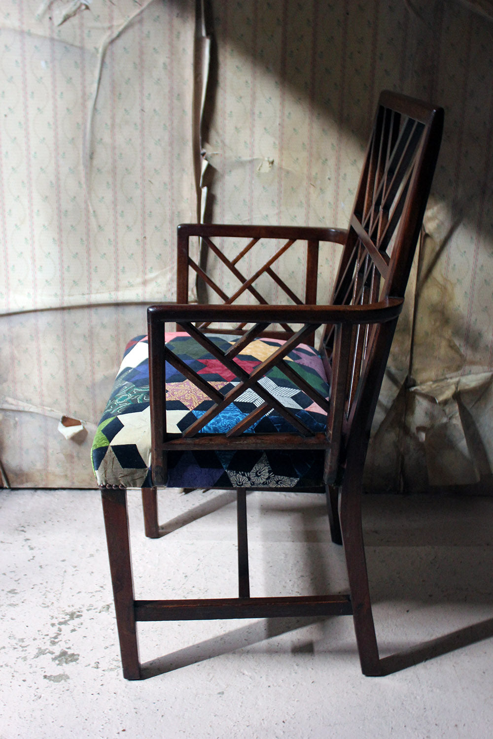 A George III Chinese Chippendale Mahogany & Velvet Upholstered Cockpen Armchair c.1770