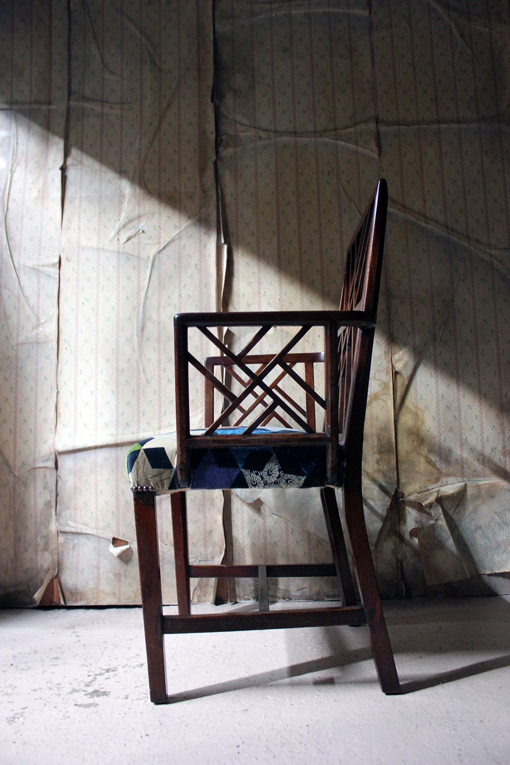 A George III Chinese Chippendale Mahogany & Velvet Upholstered Cockpen Armchair c.1770