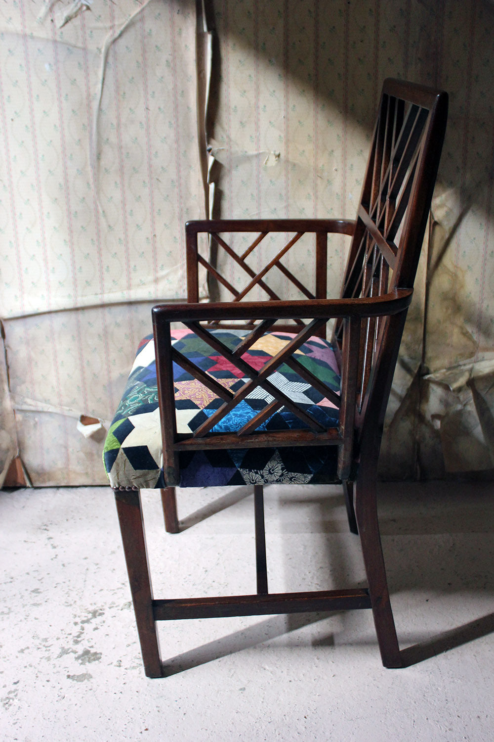 A George III Chinese Chippendale Mahogany & Velvet Upholstered Cockpen Armchair c.1770