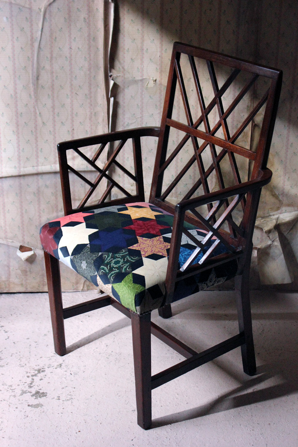 A George III Chinese Chippendale Mahogany & Velvet Upholstered Cockpen Armchair c.1770